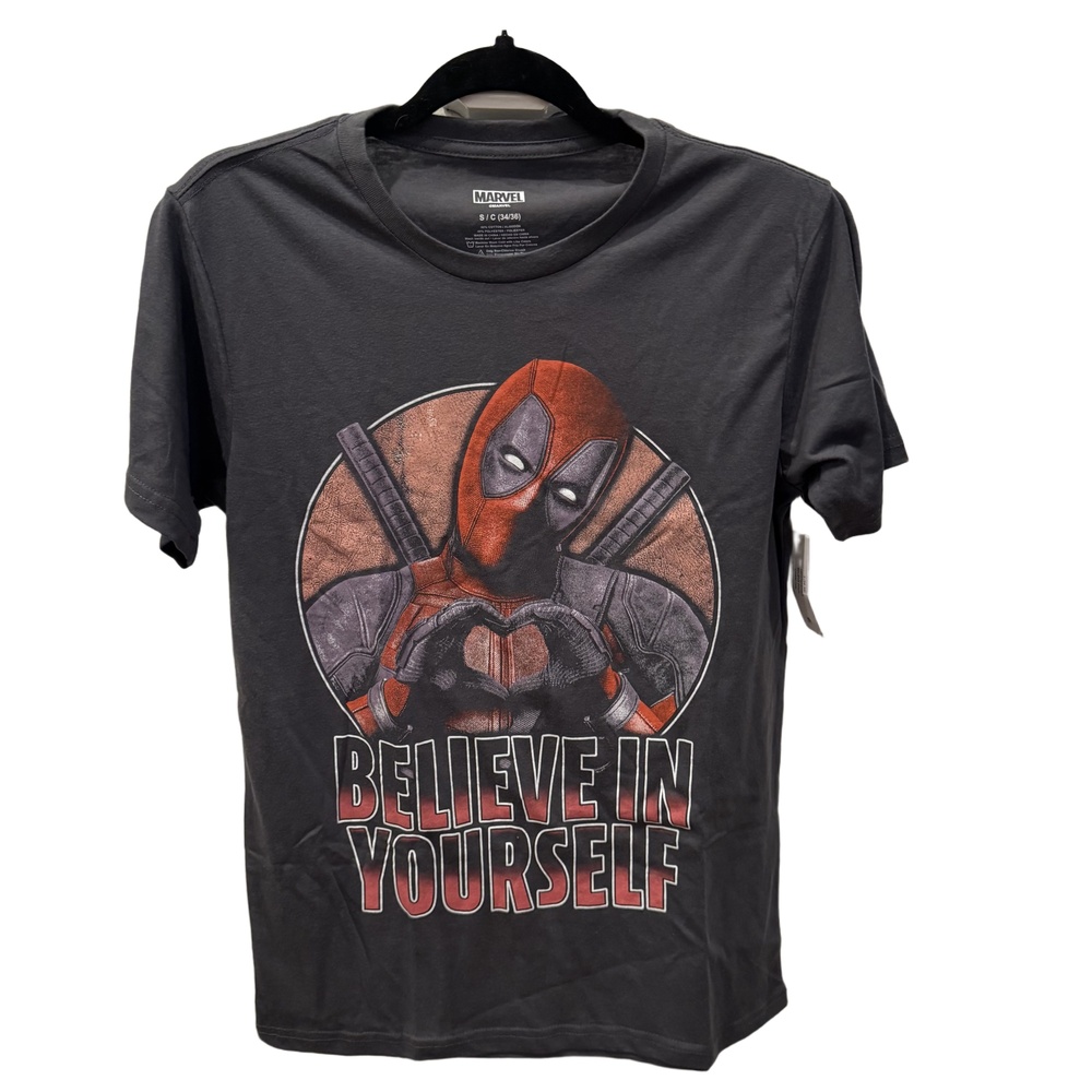 New Marvel Deadpool Small Black Charcoal Believe In Yourself TShirt BELIEVE